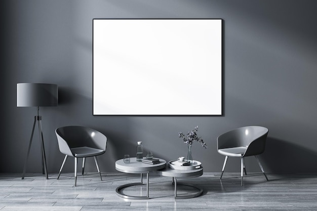 Vista frontal no cartaz branco em branco no quadro preto no fundo da parede escura em elegantes tons de cinza sala de estar com cadeiras lustrosas da lâmpada vintage e mesa de café no chão de madeira maquete de renderização 3D