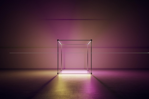Vista frontal no fundo da parede roxa em branco com espaço para o seu logotipo ou texto através do cubo metálico no piso de efeito dourado com retroiluminação na maquete de renderização 3D vazia do quarto escuro