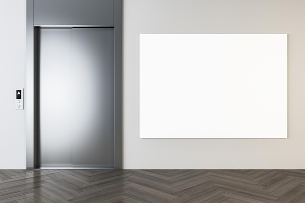 Vista frontal no grande cartaz branco em branco com lugar para o seu logotipo ou texto na parede bege clara no hall do escritório moderno com entrada de elevador metálico e piso em parquet de madeira 3D renderização mock up