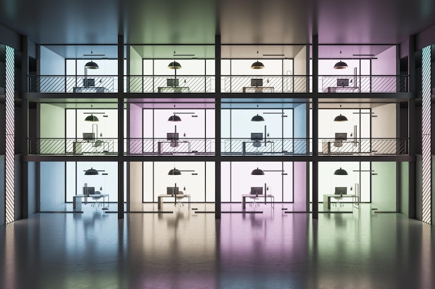 Vista frontal no prédio de escritórios do projeto de arte com locais de trabalho confortáveis com base em três andares com diferentes cores de parede em área espaçosa com piso de concreto brilhante renderização em 3D