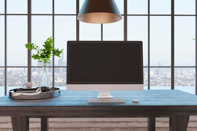 Vista frontal en la pantalla del monitor oscuro en blanco sobre una mesa de madera con plantas verdes en un jarrón de vidrio y una gran ventana con vistas a la ciudad maqueta de representación 3D