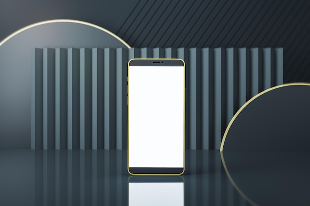 Vista frontal en la pantalla del teléfono inteligente moderno en blanco con lugar para su logotipo o texto en un fondo elegante con decoración en tonos grises maqueta de renderizado 3D