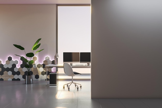 Vista frontal en la pared en blanco para afiches o pancartas publicitarias en una elegante sala de oficina interior con computadoras modernas en la mesa del espacio de trabajo y maqueta de renderizado 3D de pared decorada con luz púrpura