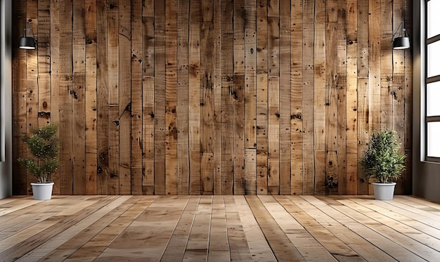 Vista frontal de una pared en blanco en una habitación con tablas de madera una maqueta