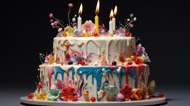 Foto vista frontal del pastel para la celebración del cumpleaños bellamente decorado