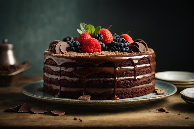 Vista frontal de un pastel de chocolate dulce