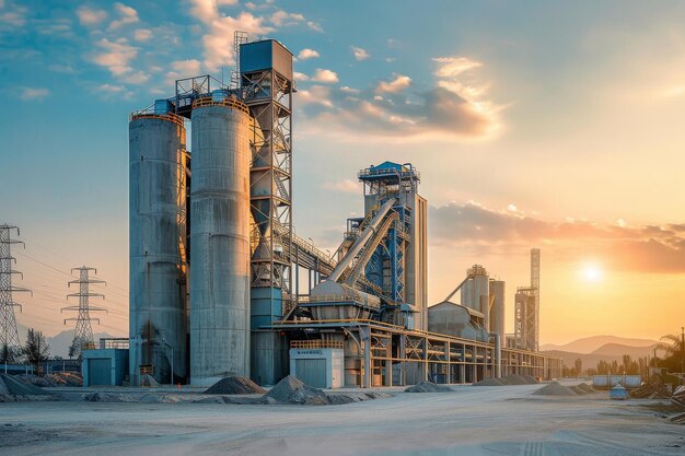 vista frontal de la planta de fabricación de cemento Concepto de los edificios en la fábrica gigantes de tuberías de acero