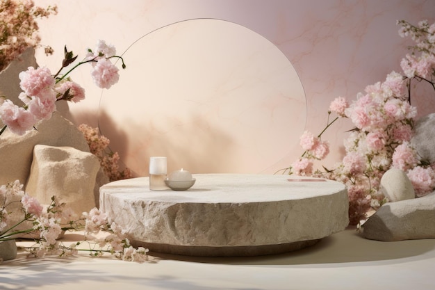 Vista frontal de un podio de piedra adornado con flores blancas que sirve como telón de fondo para productos cosméticos de color rosa natural