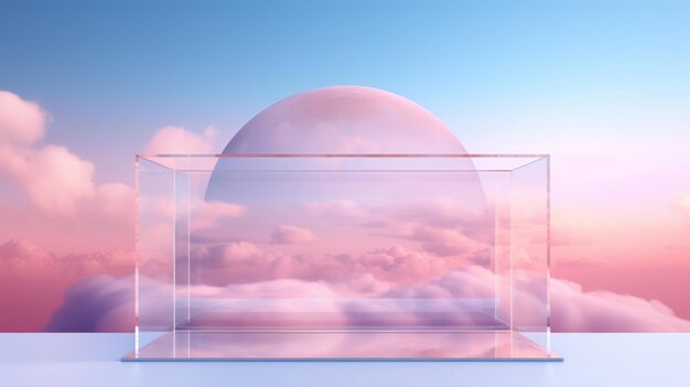 Vista frontal del podio transparente decorado con un contenido abstracto de fondo de cielo rosa nublado