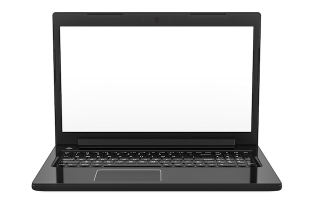 Foto vista frontal del portátil con representación 3d de pantalla blanca aislada en un fondo blanco