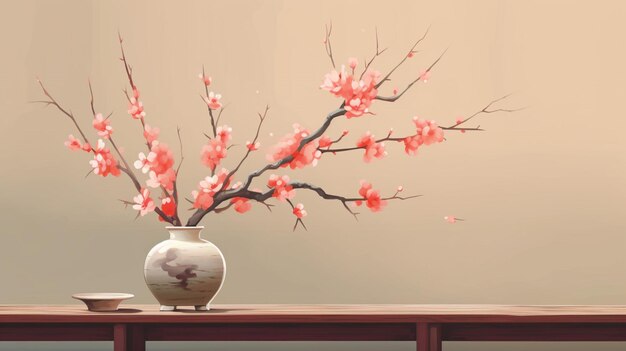 Una vista frontal de una rama de sakura en un jarrón en la mesa