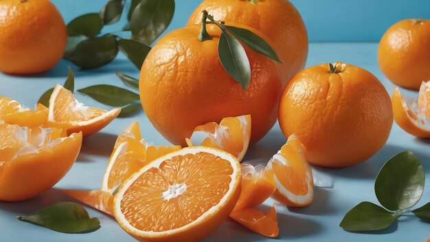 Vista frontal de rebanadas frescas de mandarina en una mesa azul claro