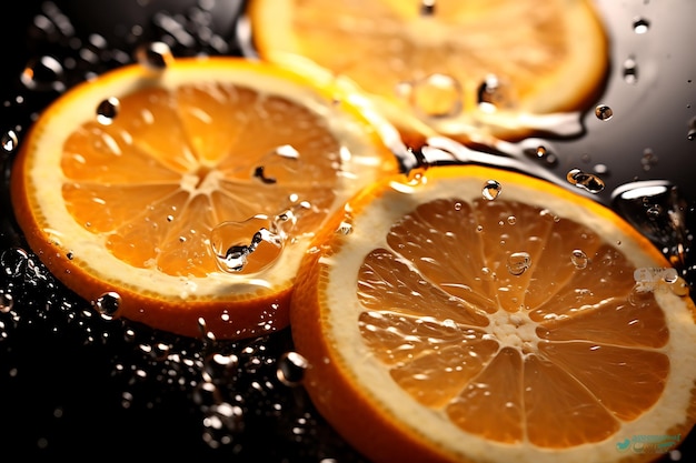 Vista frontal de las rebanadas de naranja en el agua