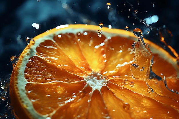 Vista frontal de una rodaja de naranja en el agua