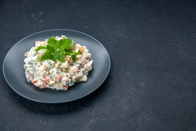 vista frontal saborosa salada de frango com diferentes vegetais cozidos e maionese dentro do prato na superfície escura.