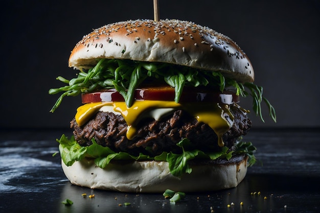 Vista frontal saboroso hambúrguer de carne com queijo e salada no escuro