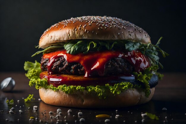 Vista frontal saboroso hambúrguer de carne com queijo e salada no escuro