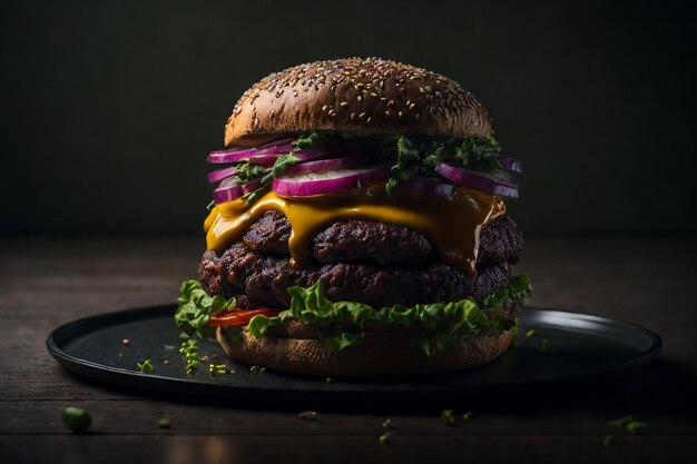 Vista frontal saboroso hambúrguer de carne com queijo e salada no escuro