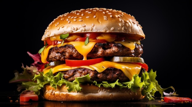 Vista frontal sabrosa hamburguesa de carne con queso y ensalada en el fondo oscuro