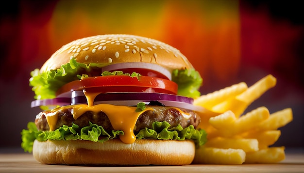 Vista frontal sabrosa hamburguesa de carne con queso, ensalada y papas fritas en el fondo