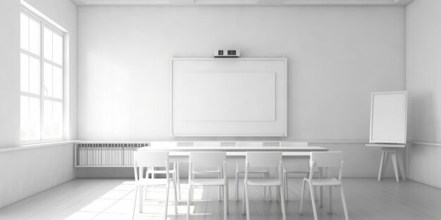 Foto vista frontal sala de aula vazia e limpa com quadro branco