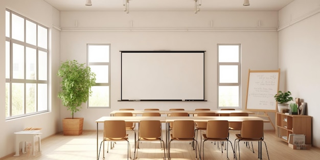 vista frontal sala de aula vazia e limpa com quadro branco