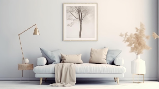 Vista frontal de una sala de estar de lujo moderna en colores de luz natural Pared blanca con plantilla de cartel sofá cómodo con cojines flores secas en una lámpara de piso de jarrón Renderización en 3D