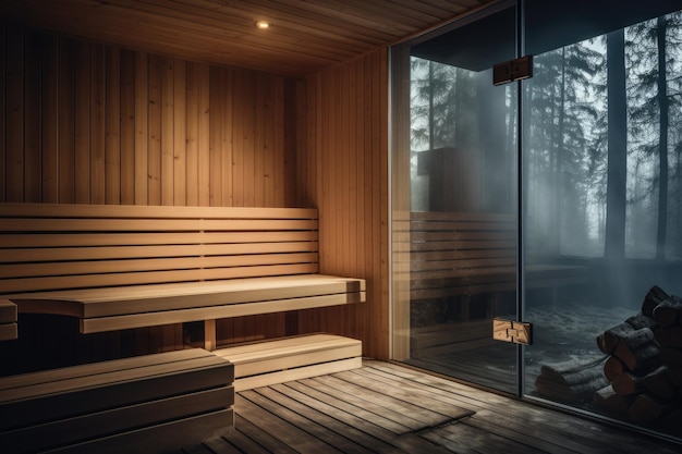 Vista frontal de la sala de sauna finlandesa vacía Interior moderno de cabina de spa de madera con vapor seco