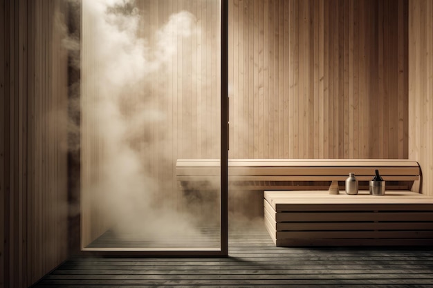 Vista frontal de la sala de sauna finlandesa vacía Interior moderno de cabina de spa de madera con vapor seco