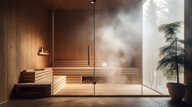 Vista frontal de la sala de sauna finlandesa vacía Interior moderno de cabina de spa de madera con vapor seco