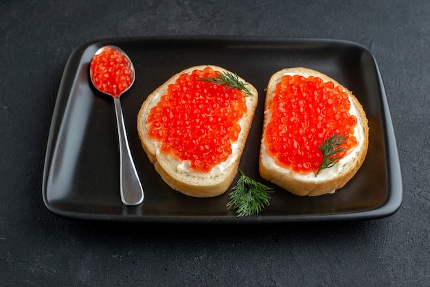 vista frontal, sanduíches saborosos de caviar dentro do prato no fundo escuro peixe prato hambúrguer jantar refeição lanche torrada frutos do mar