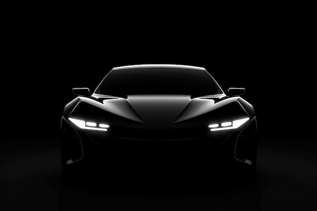 Vista frontal silueta oscura de un moderno coche deportivo negro aislado sobre fondo negro