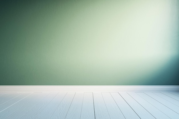 Vista frontal sobre fondo de pared verde iluminado por el sol en blanco con espacio para carteles publicitarios o presentación de productos en una habitación vacía con maqueta de representación 3D de suelo de madera clara