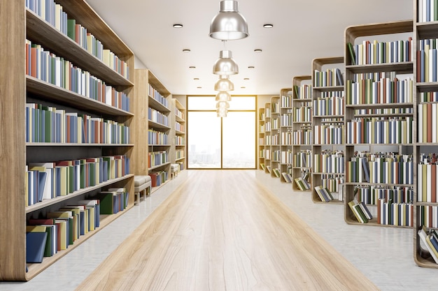 Vista frontal en el soleado interior de estilo ecológico de la biblioteca moderna con estantes de libros de madera y ventana grande en el piso con vista a la ciudad y lámparas cromadas en la parte superior de la representación 3D