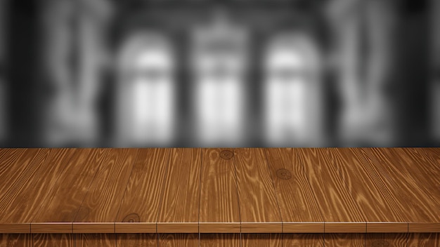 Vista frontal superior de la mesa de madera realista render 3d con un fondo borroso