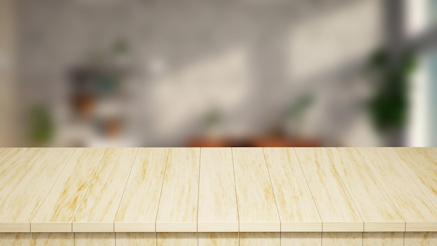 Vista frontal superior de la mesa de madera realista render 3d con un fondo borroso