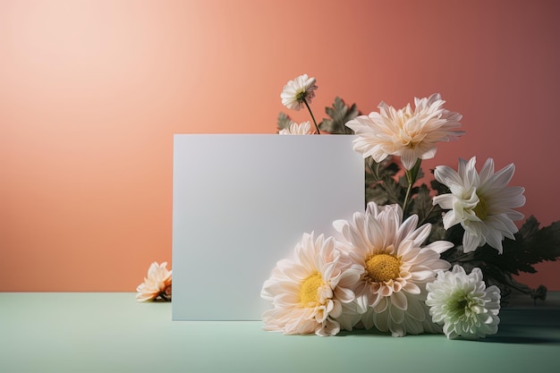 Vista frontal de una tarjeta de felicitación o invitación decorada con flores y fondo de gradiente rosa
