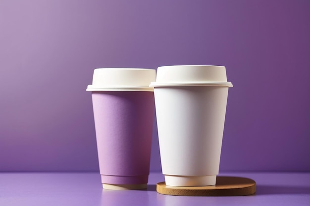 Vista frontal de una taza de papel de café blanco con tapa tazas de papel para café o té sobre fondo violeta concepto libre de residuos de plástico tazas recicladas desechables podio de madera muy peri