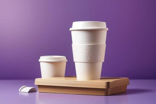 Vista frontal de una taza de papel de café blanco con tapa tazas de papel para café o té sobre fondo violeta concepto libre de residuos de plástico tazas recicladas desechables podio de madera muy peri