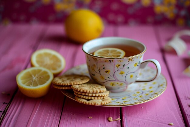 Vista frontal de una taza de té con galletas en una mesa rosada de té de color caramelo de limón