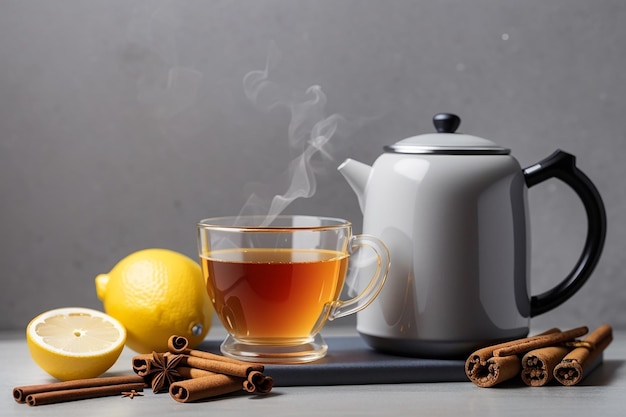 Vista frontal de una taza de té con limón canela y hervidor de agua en el escritorio gris