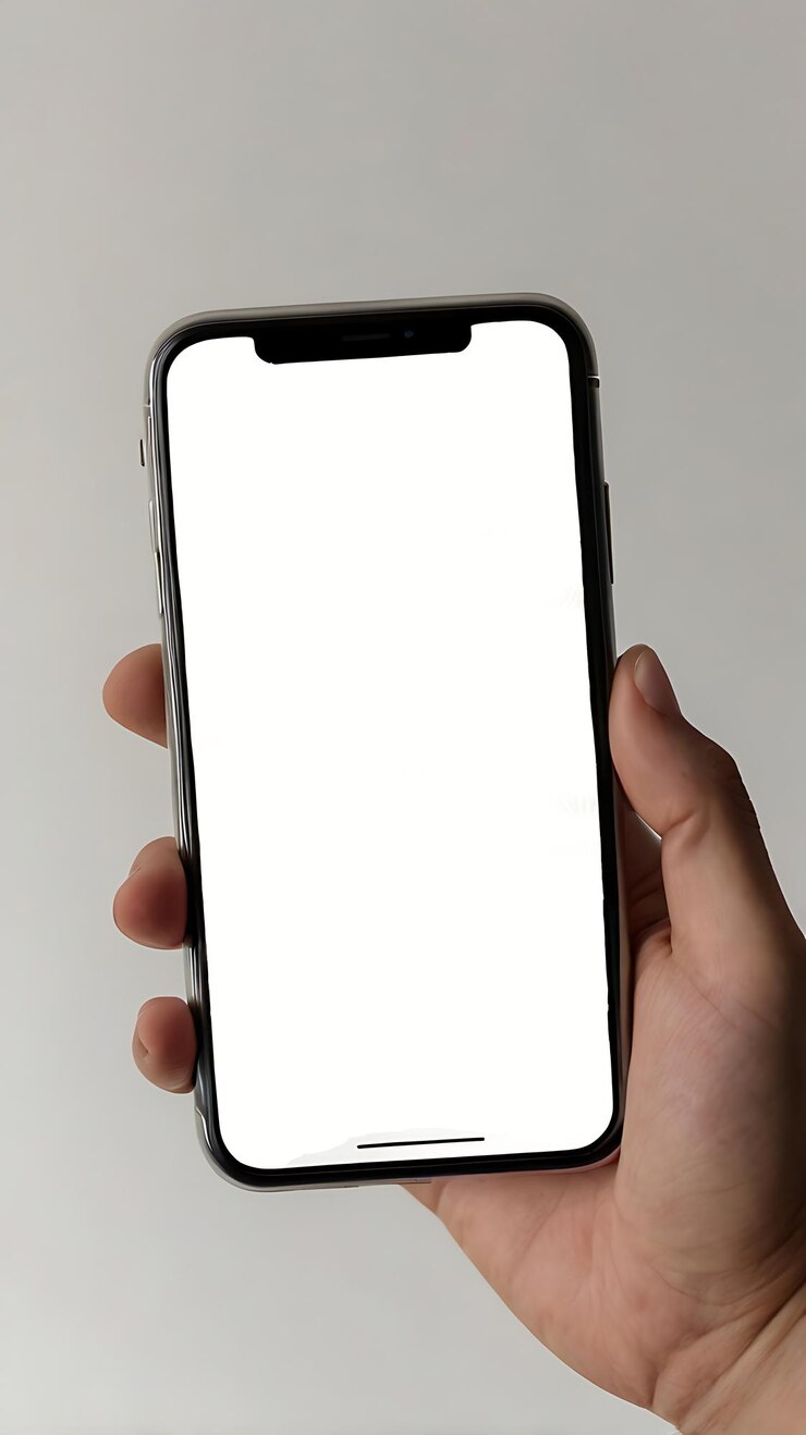 Vista frontal del teléfono inteligente con una pantalla blanca