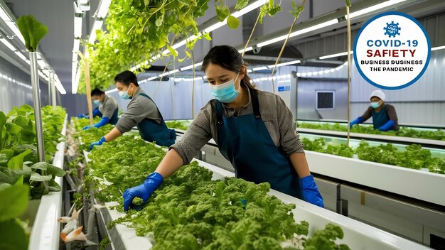 Vista frontal de los trabajadores con máscara facial en la granja acuapónica negocios sostenibles y coronavirus