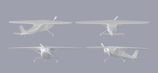 Vista frontal y trasera de un pequeño avión blanco Maqueta realista Aeronave propulsada por un solo motor Jet privado Aviación civil Avión turbohélice con paletas aisladas sobre fondo gris 3D Render