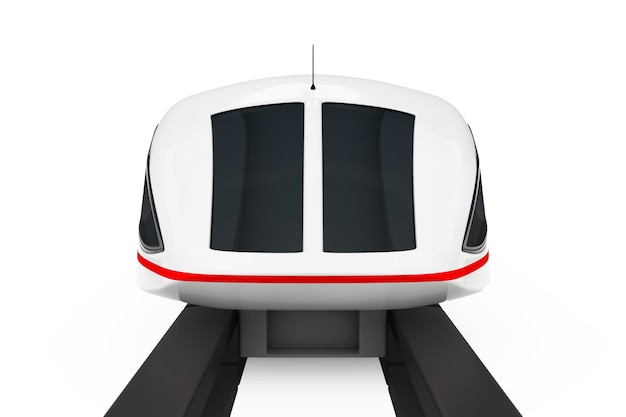 Vista frontal del tren de cercanías futurista de alta velocidad sobre un fondo blanco. Representación 3D