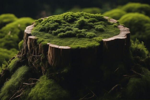 Foto la vista frontal de un tronco de árbol cubierto de musgo verde con un fondo negro