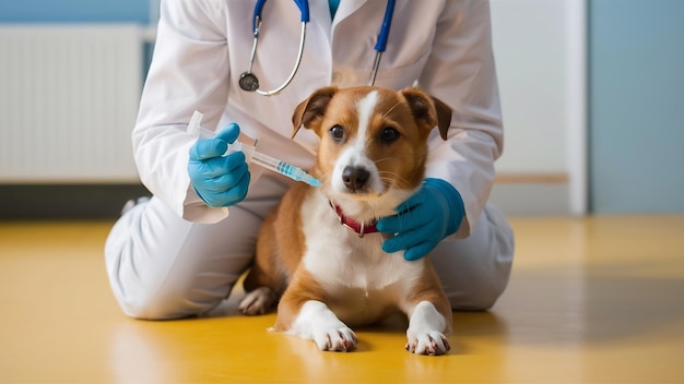 Vista frontal de una veterinaria inyectando a un perro pequeño en el piso amarillo enfermedad animal lindo