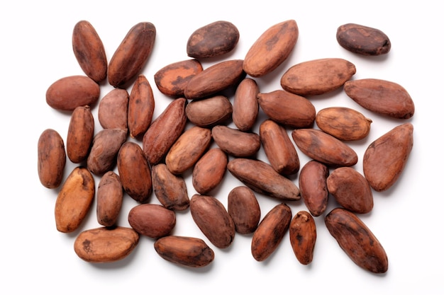 Una vista de frutos de cacao prístinos y granos de cacao humedecidos y resecos colocados sobre una superficie blanca