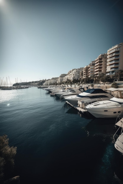 Vista general del puerto con barcos de vela y edificios creados con tecnología de IA generativa