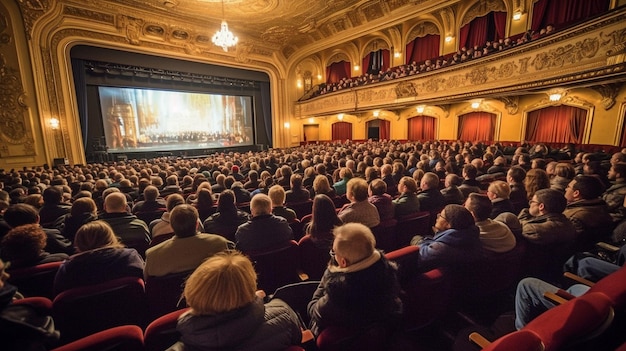 Vista generativa de IA desde la parte trasera de un teatro o auditorio abarrotado con espectadores sentados en la audiencia viendo un espectáculo en vivo en el escenario
